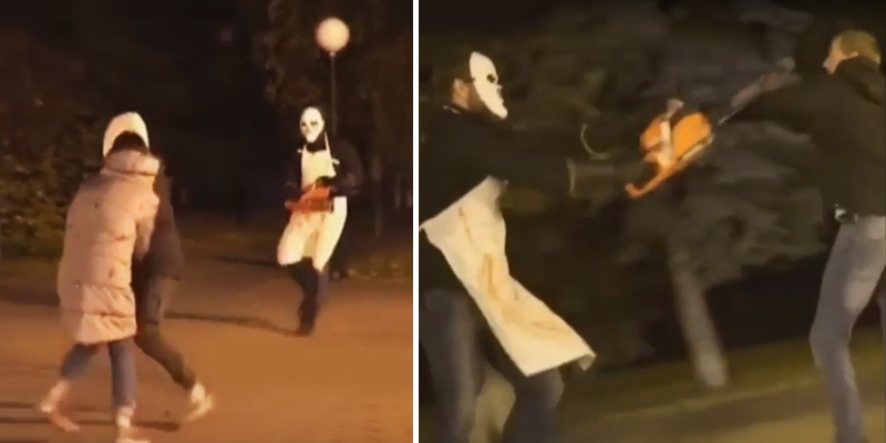 В Тюмени мужчина с бензопилой и маской клоуна пугал прохожих. Видео